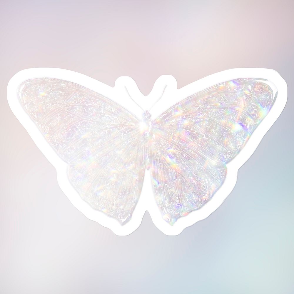 Silvery holographic butterfly sticker with a white border