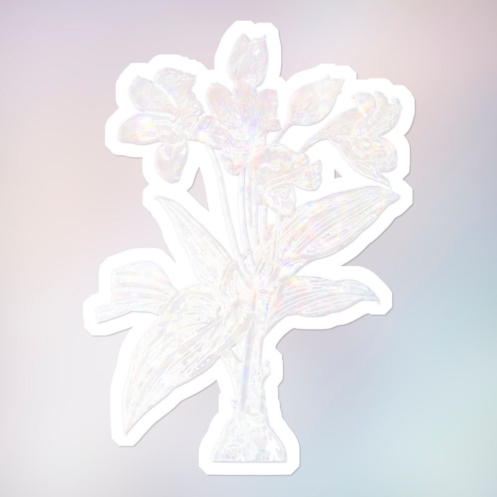 Silvery holographic crinum sticker with a white border
