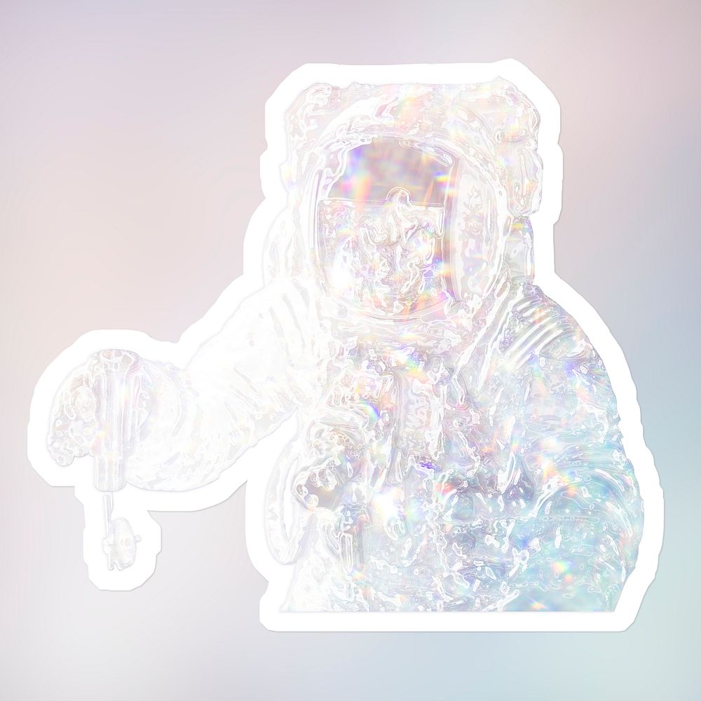 Silvery holographic astronaut sticker with a white border
