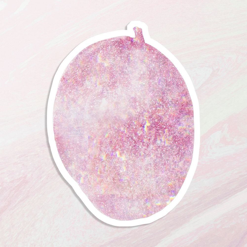 Pink holographic mango sticker with white border 