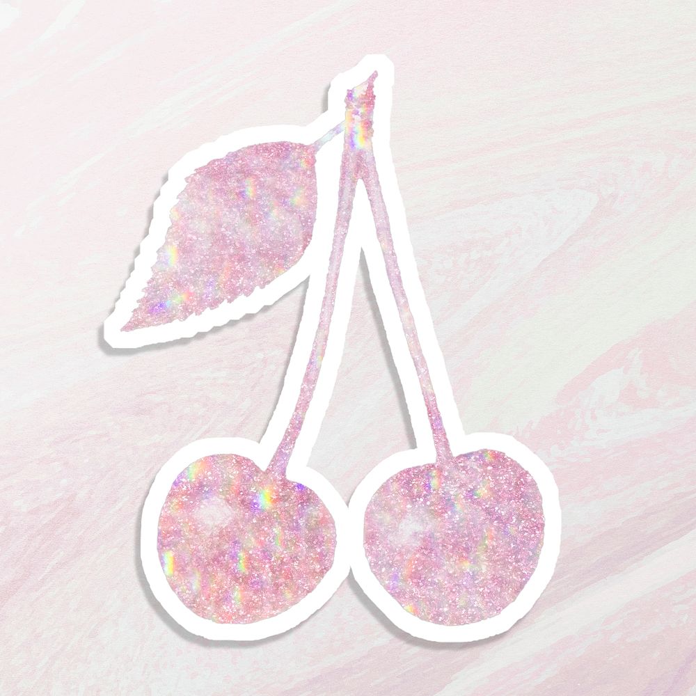 Pink holographic cherries sticker with white border 