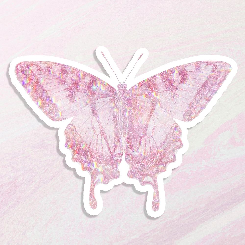 Pink holographic tiger swallowtail butterfly sticker with white border