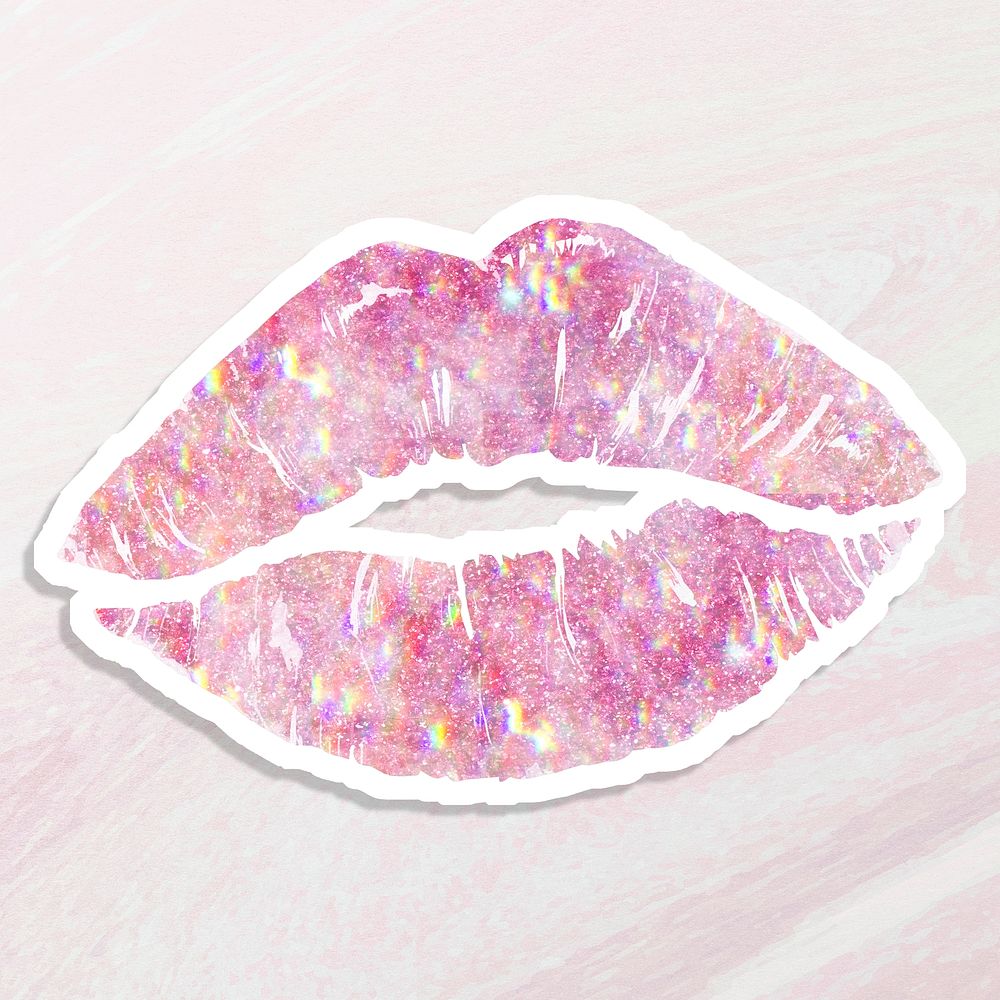 Pink holographic lips sticker with white border