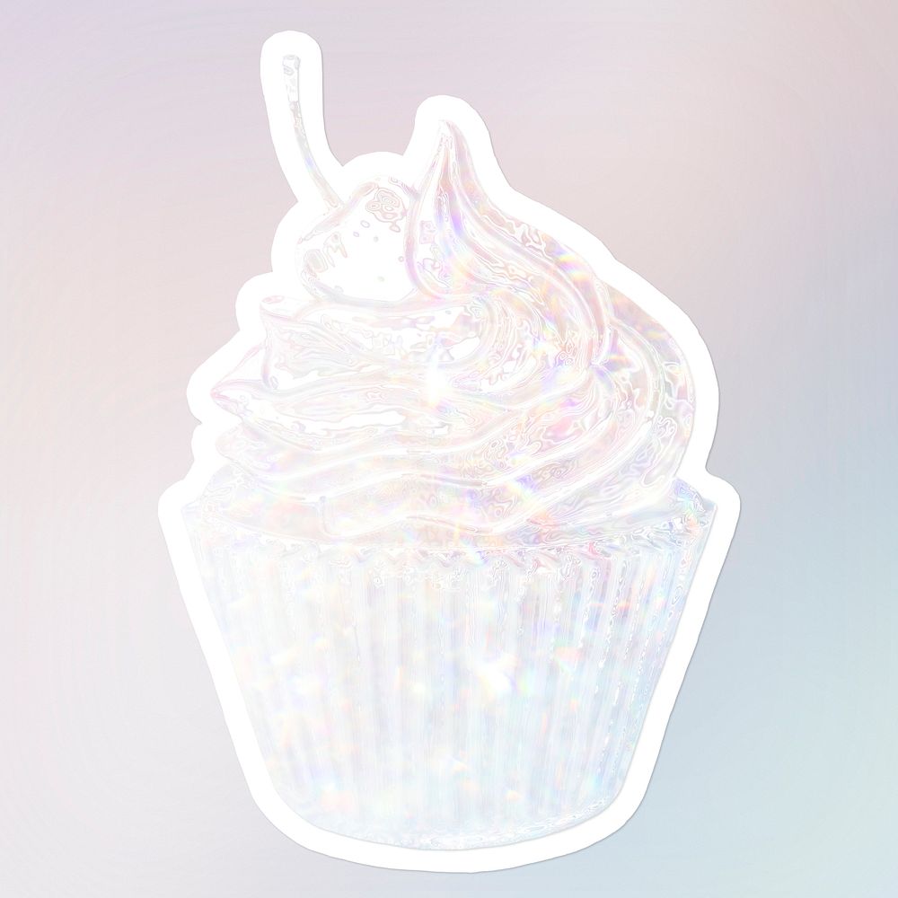 Silver holographic cherry cupcake sticker with white border