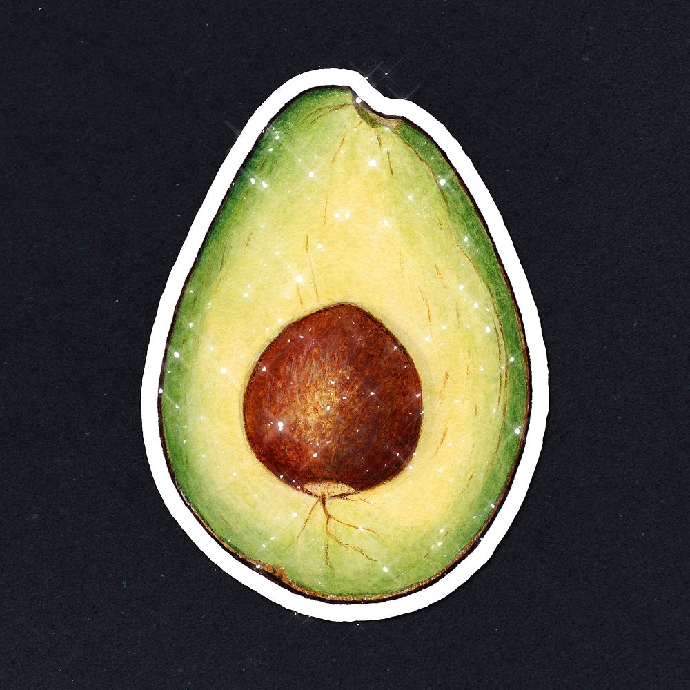 Hand drawn sparkling avocado sticker with white border