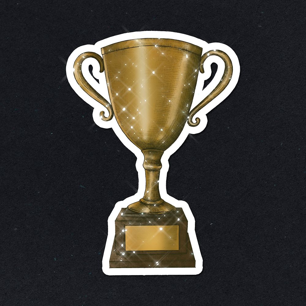 Sparkling gold trophy sticker with white border