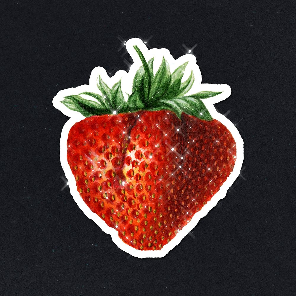 Hand drawn sparkling ripe strawberry sticker with white border