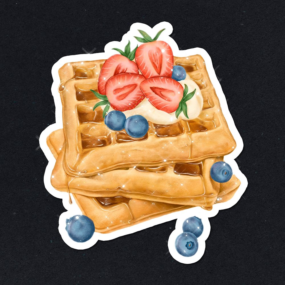Hand drawn sparkling berries waffles sticker with white border