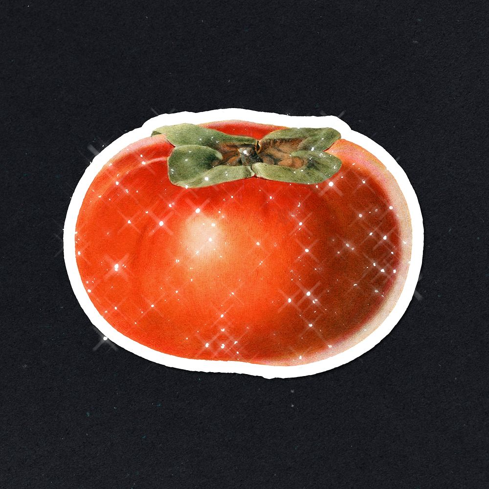 Hand drawn sparkling persimmon fruit sticker with white border