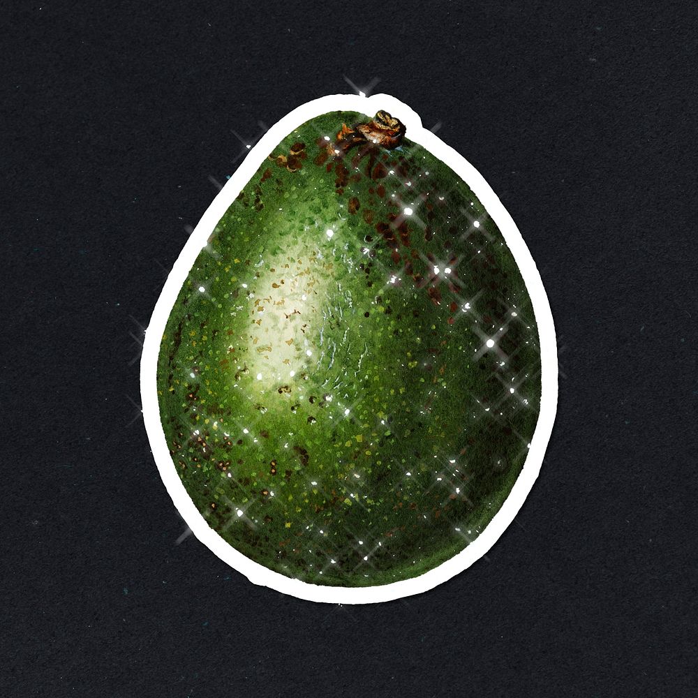 Hand drawn sparkling avocado fruit sticker with white border