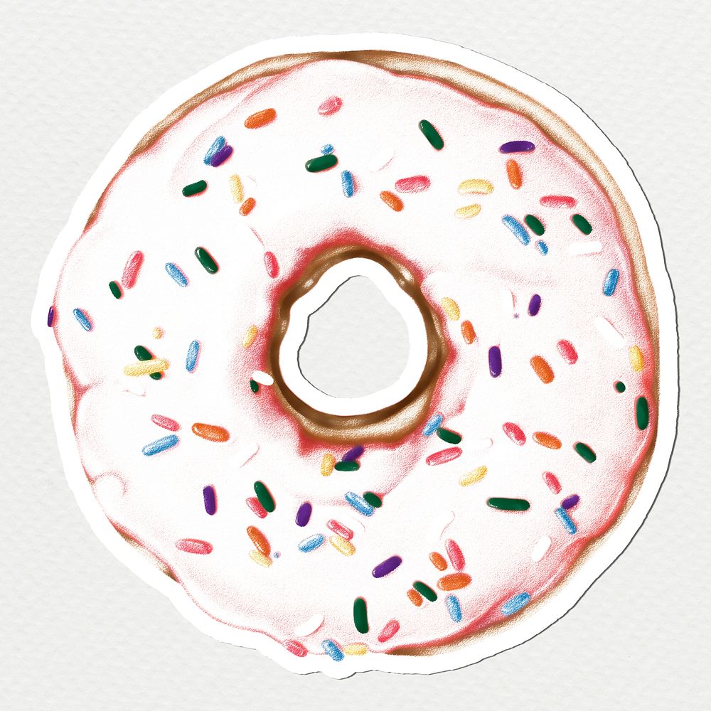 Pink glazed doughnut drawing style sticker illustration with white border