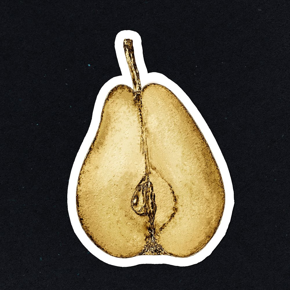 Gold pear fruit sticker with a white border