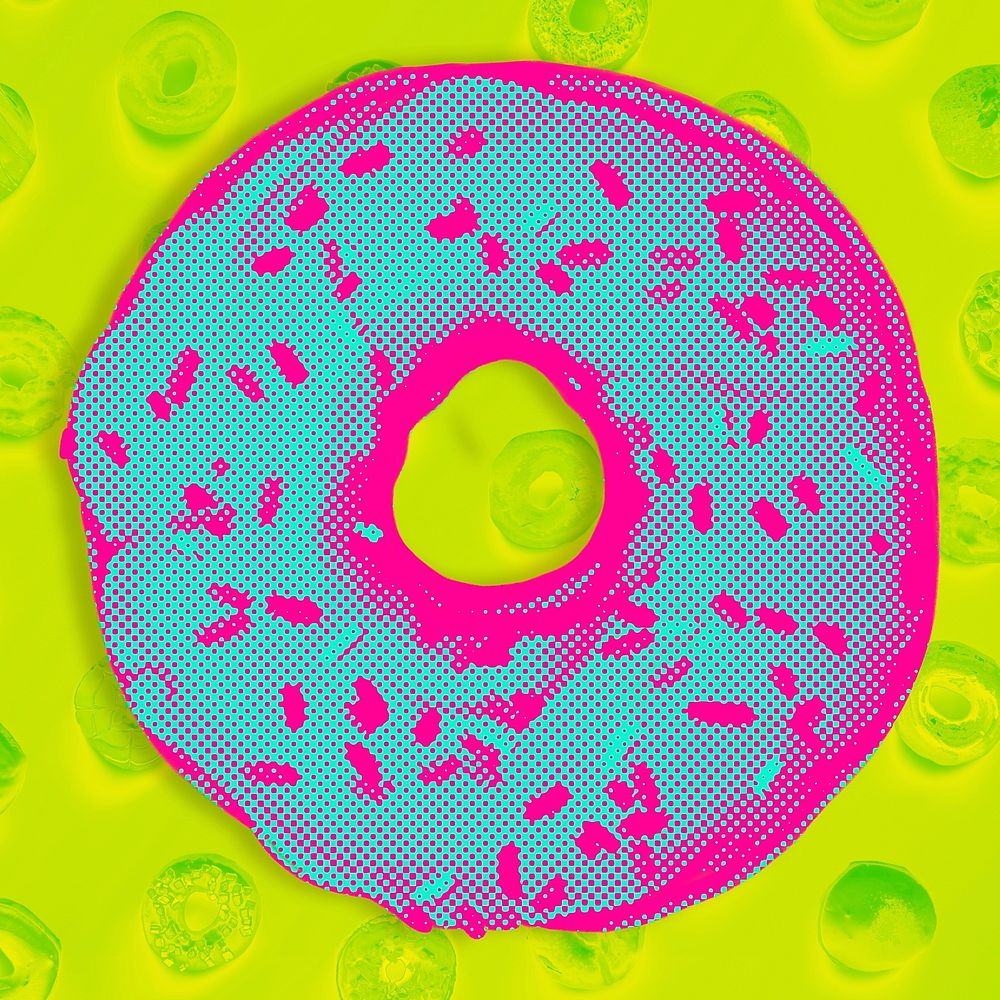 Neon pink donut on lime green background