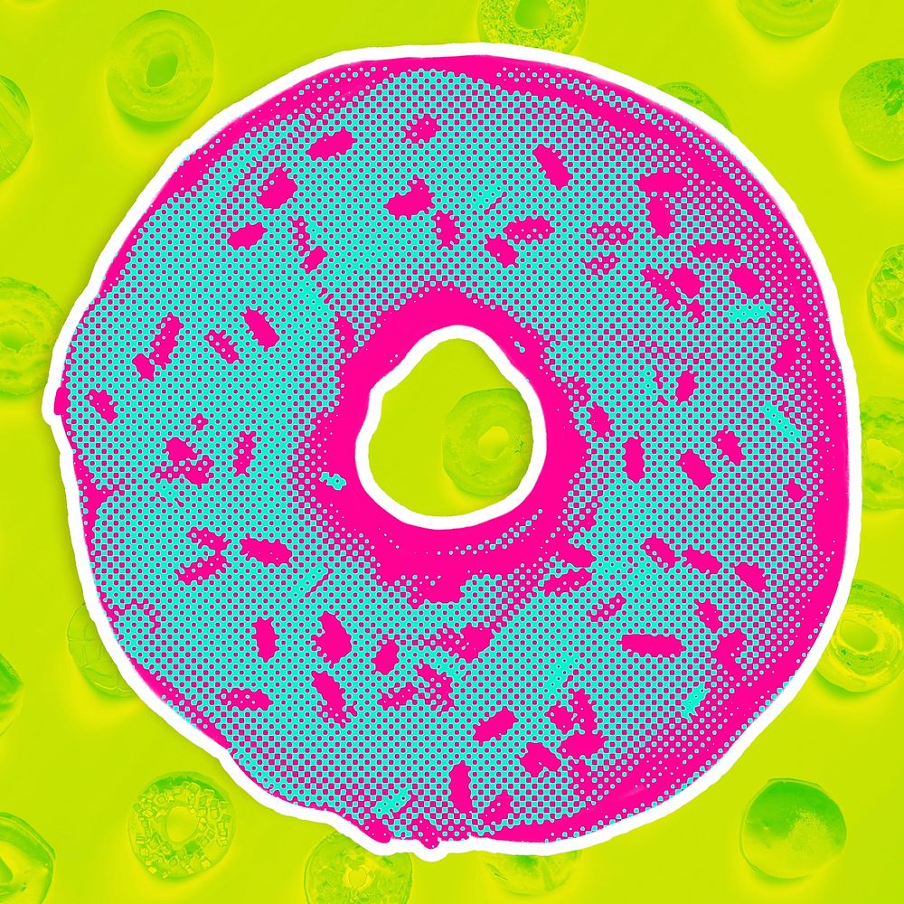 Neon pink donut on lime green background