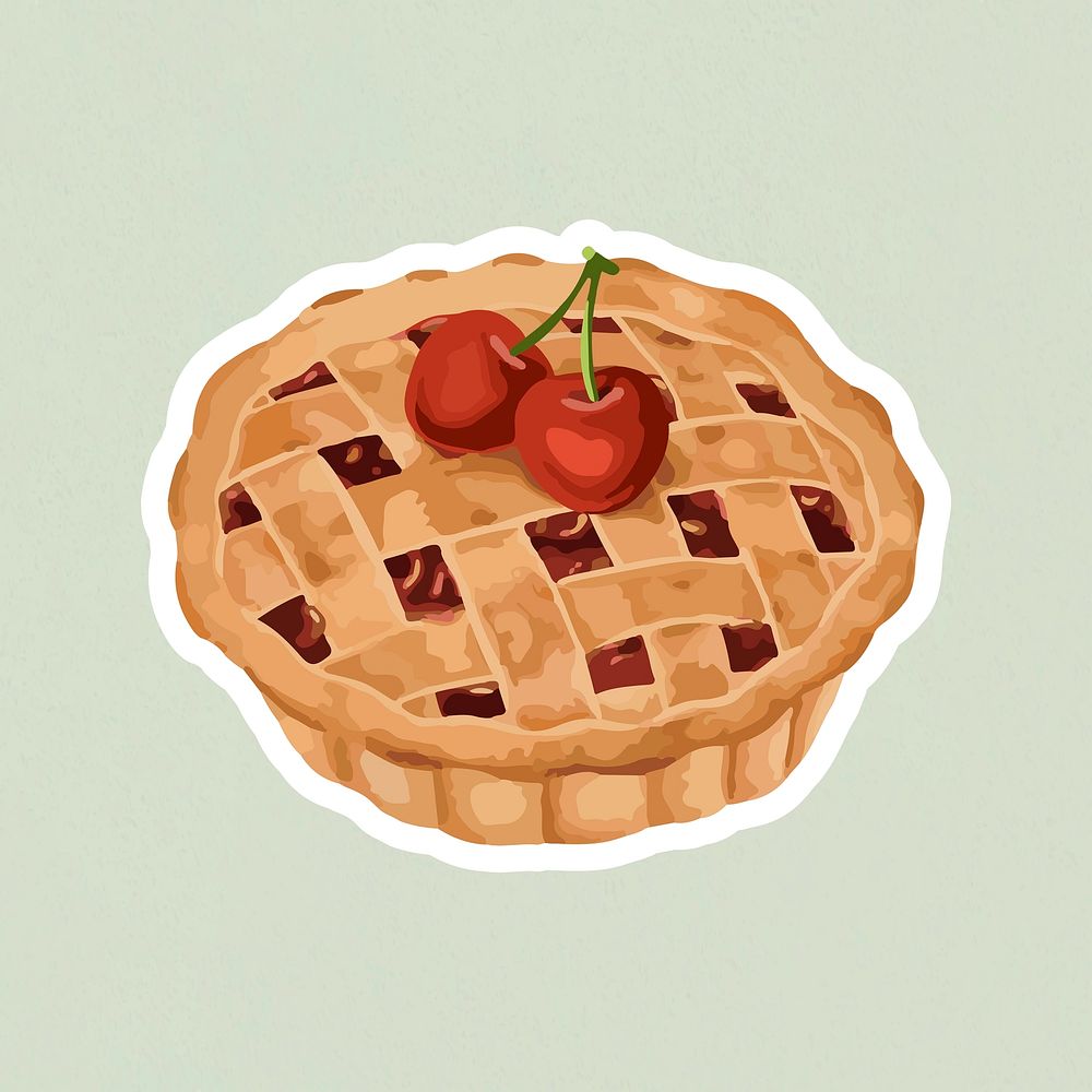 Hand drawn vectorized cherry pie sticker with a white border