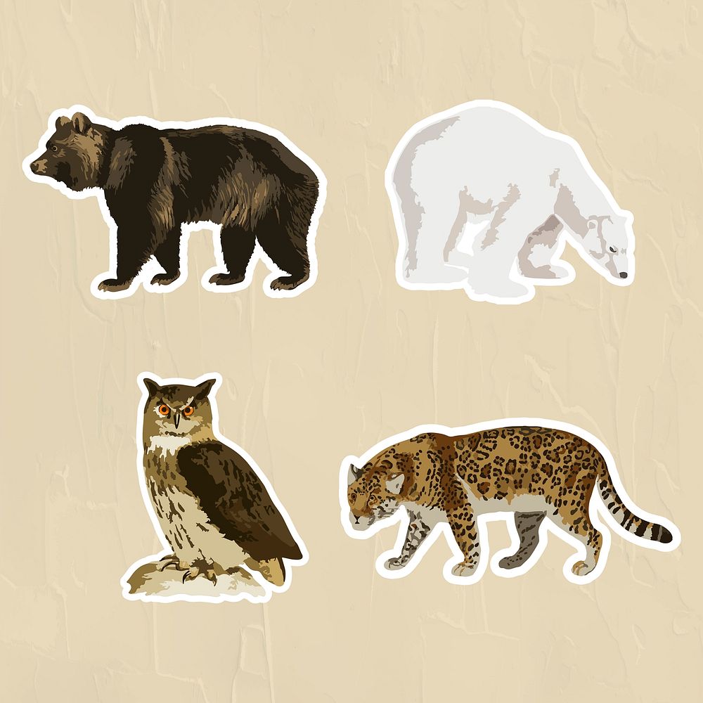 Vectorized mix vintage animals sticker with a white border