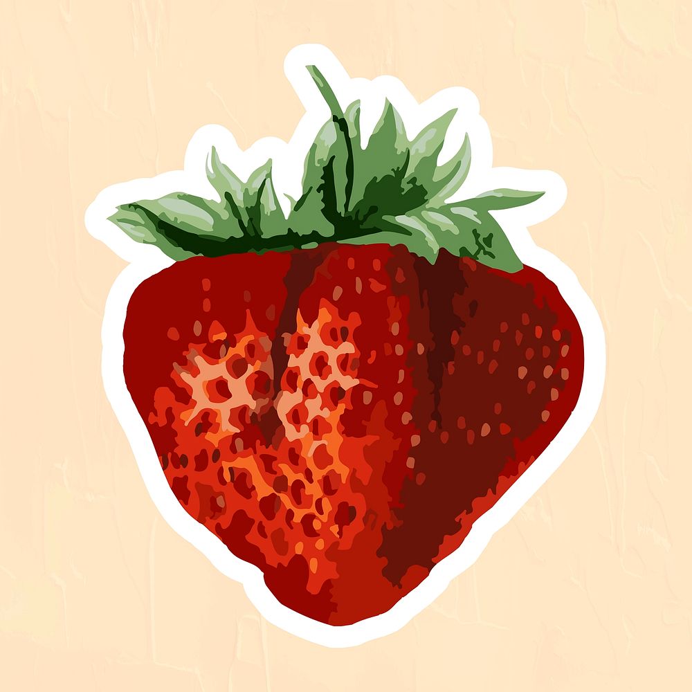 Vectorized strawberry fruit sticker overlay with a white border on a beige background