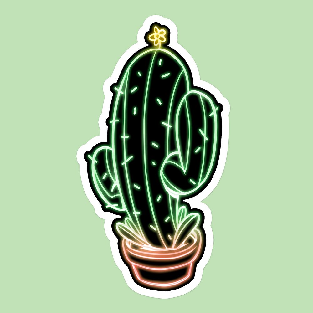 Glowing neon green saguaro cactus with a white border
