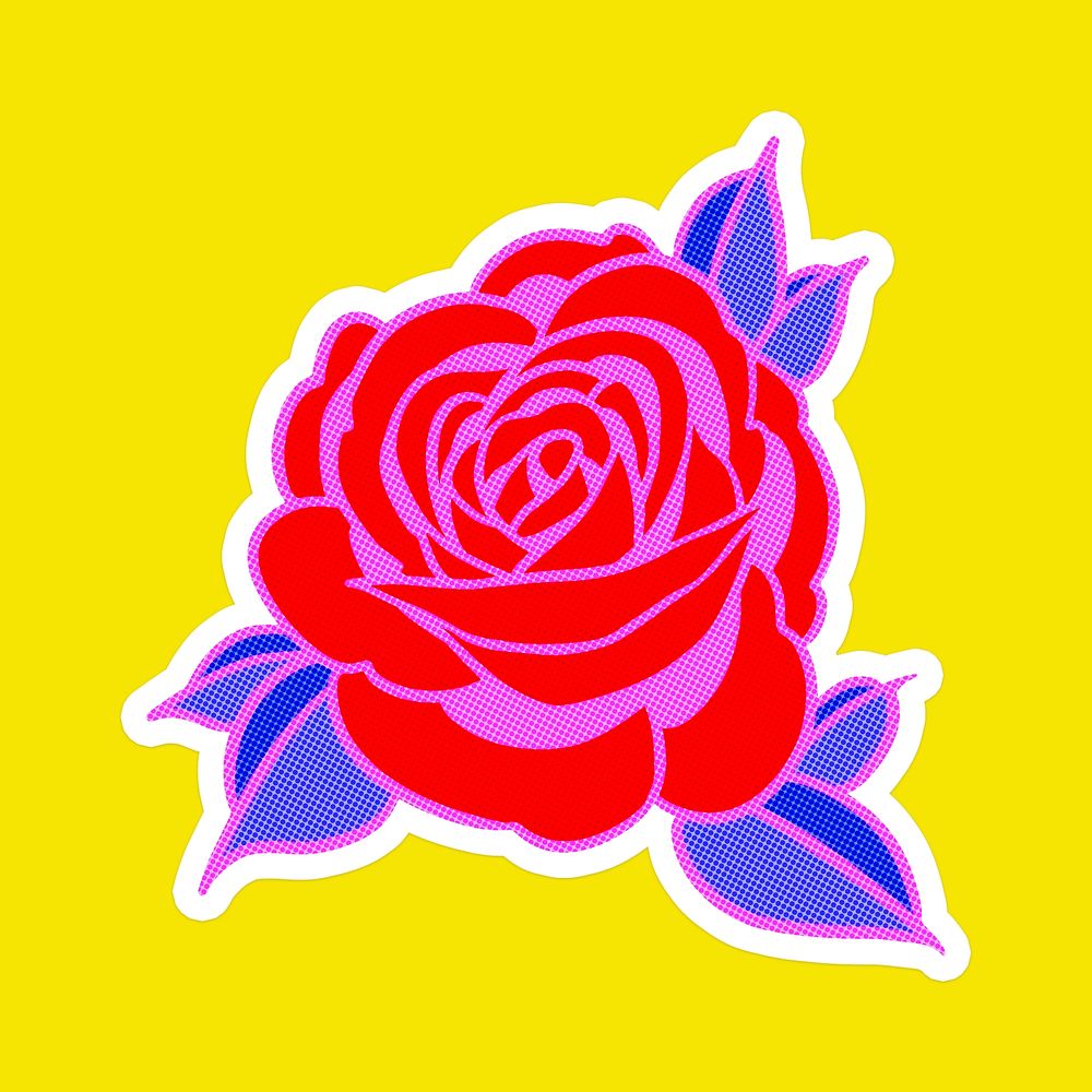 Neon pink rose flower sticker with a white border