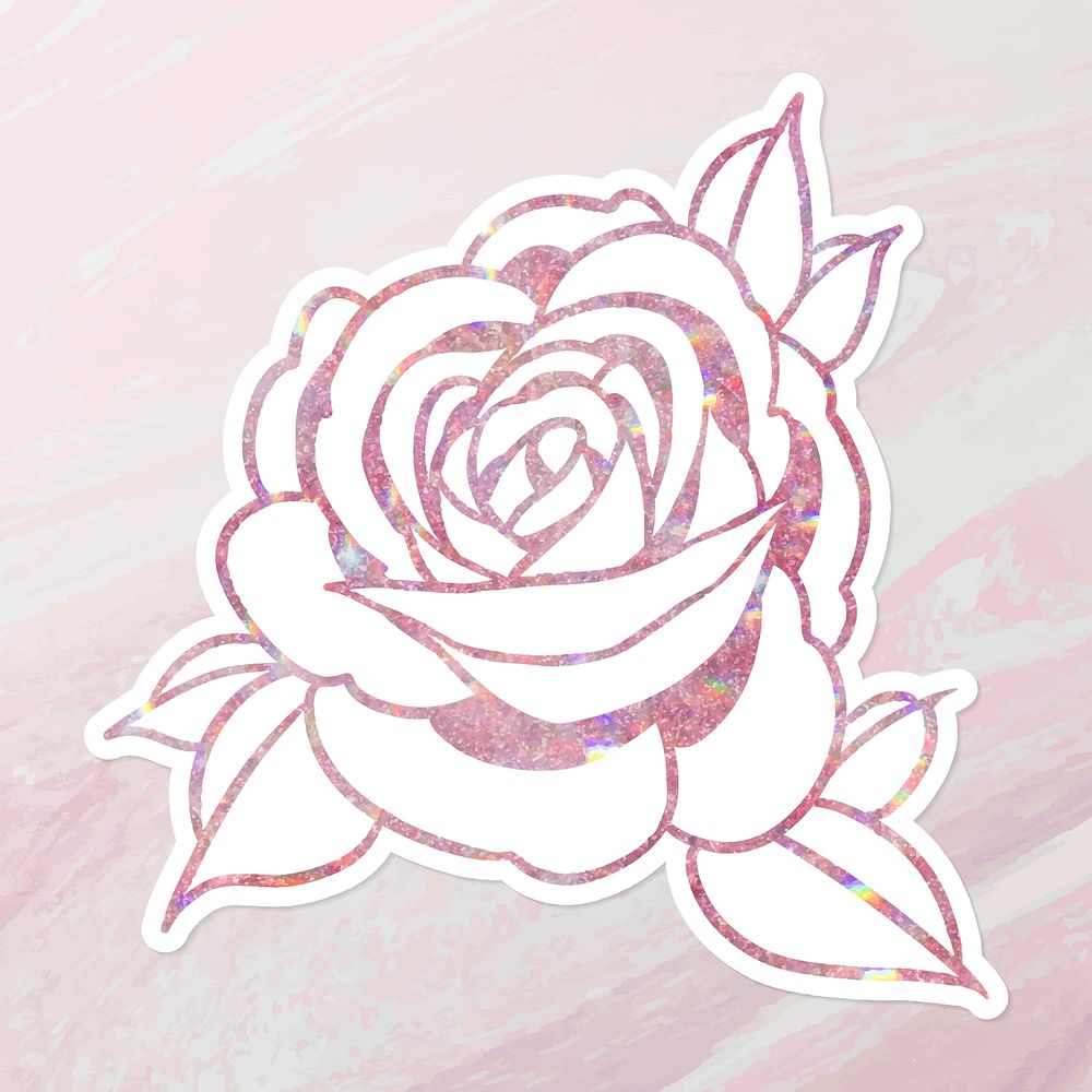Glittery pink holographic rose flower outline sticker overlay with a white border vector