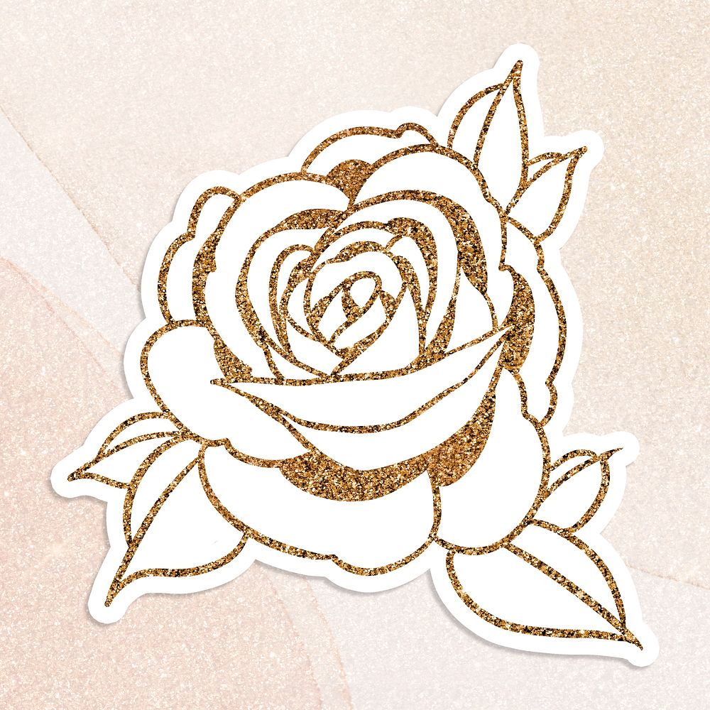 Glittery golden rose sticker overlay with a white border