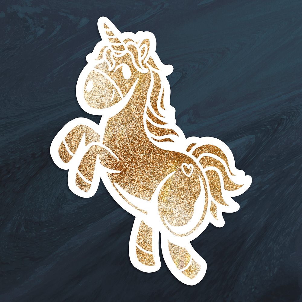 Shimmering golden unicorn sticker overlay with a white border design resource