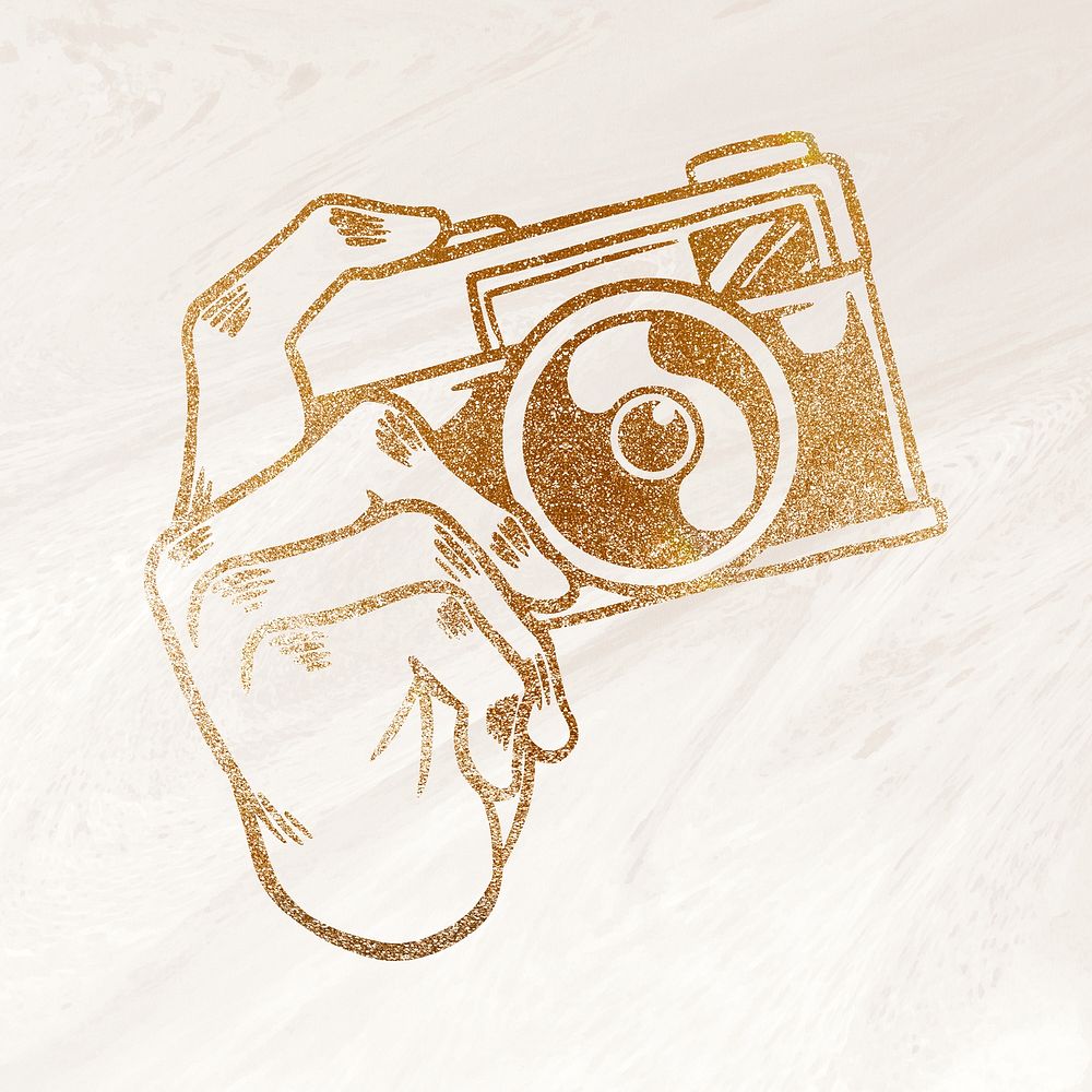 Shimmering golden analog camera sticker overlay design resource 