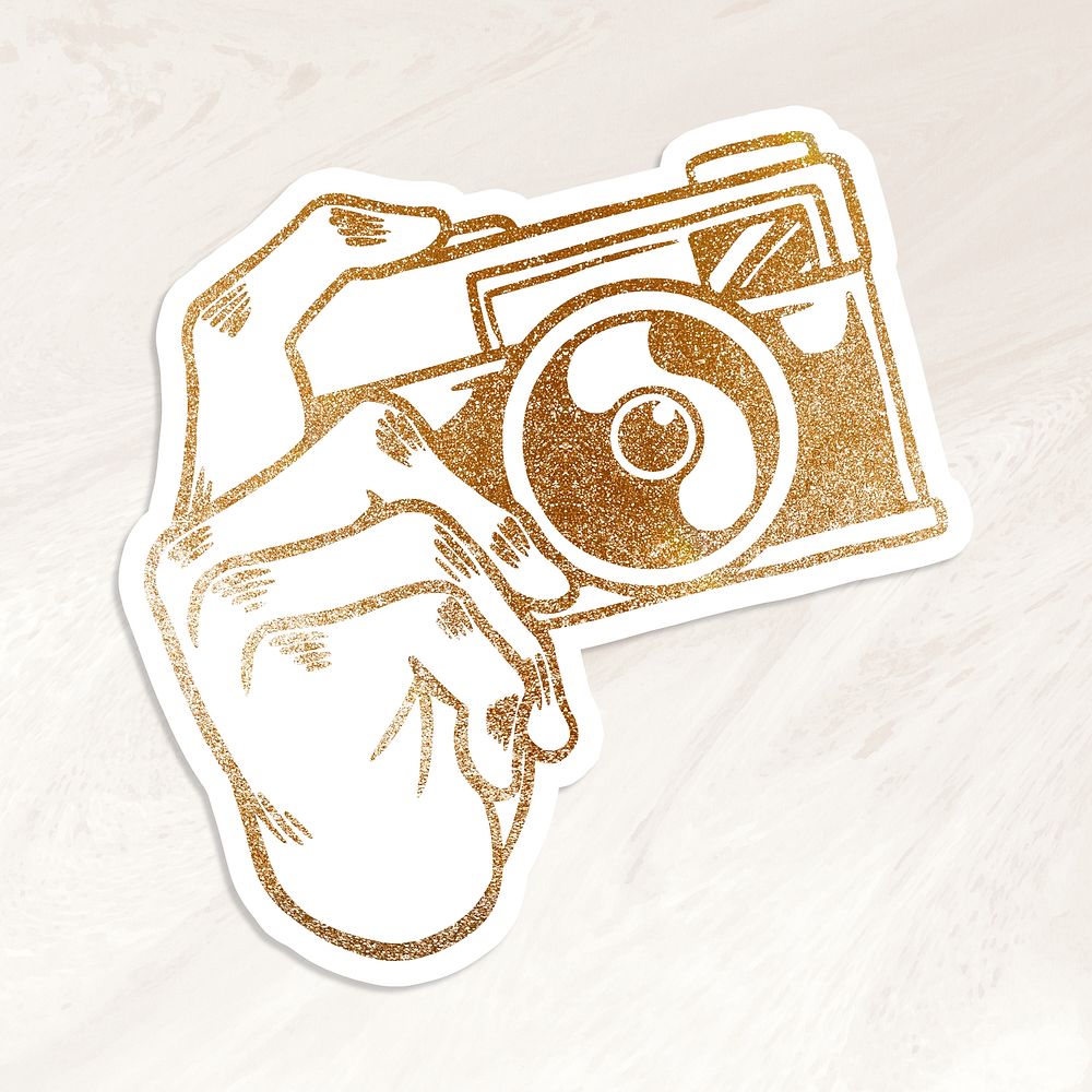 Shimmering golden analog camera sticker overlay design resource 