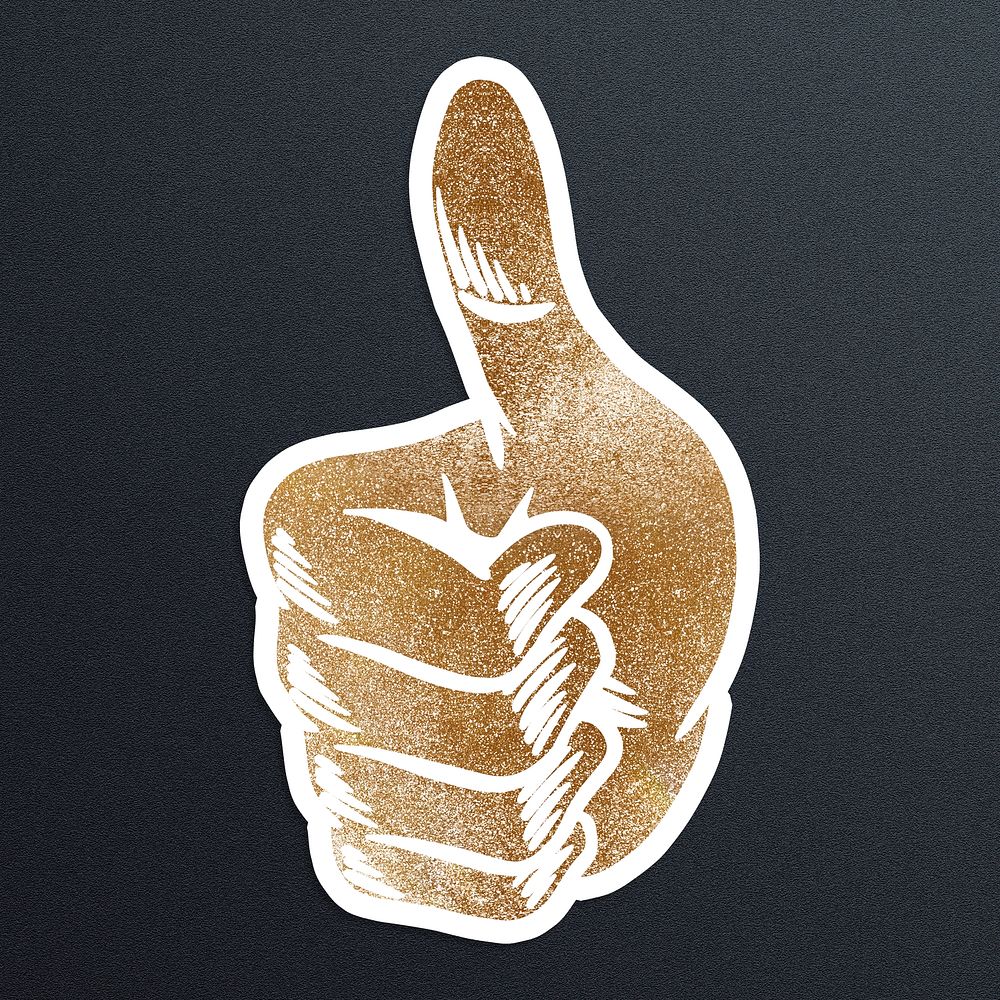 Shimmering golden thumbs up sticker overlay with a white border 