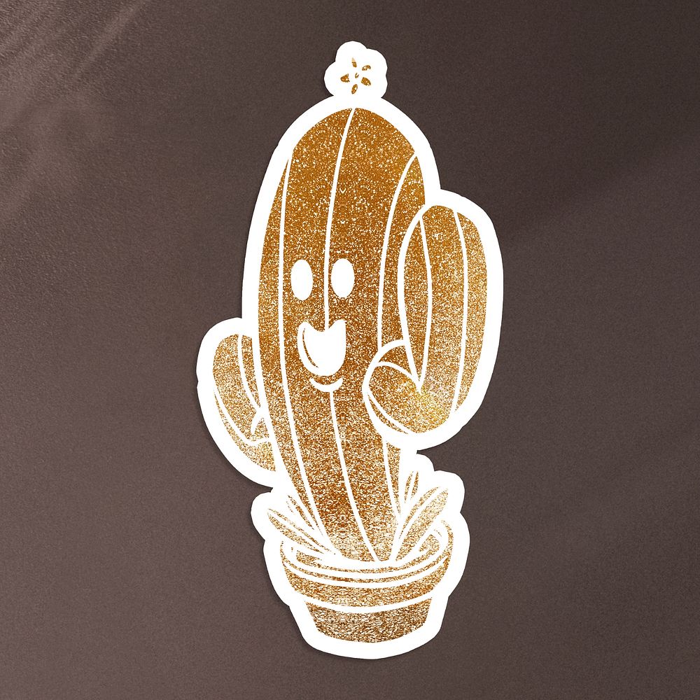 Glittery gold saguaro cactus sticker  with a white border