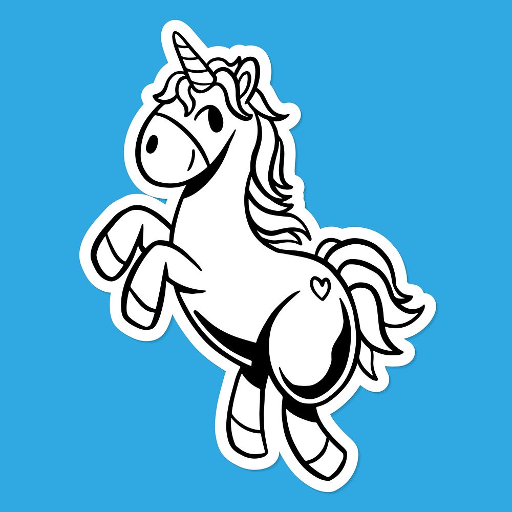 Unicorn outline sticker overlay with a white border on a blue background vector