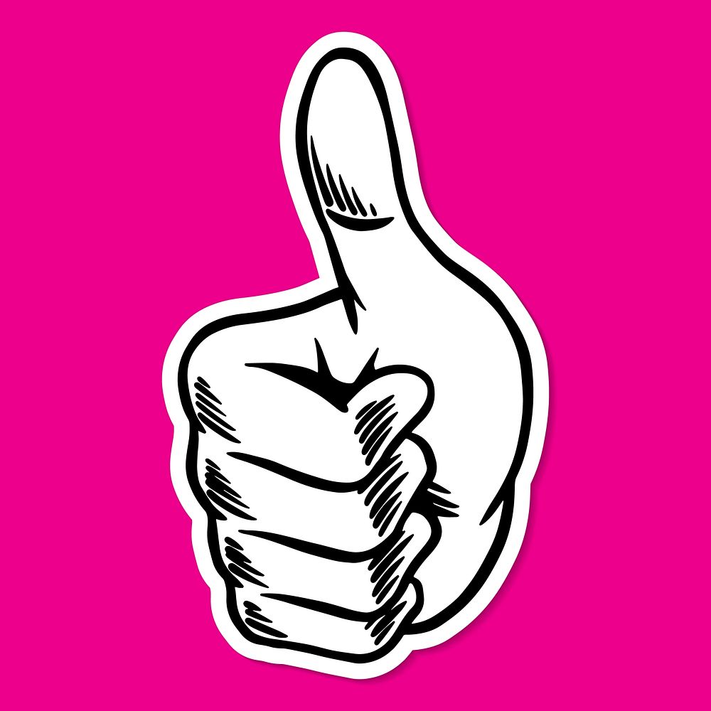 Thumbs up outline sticker overlay with a white border on a magenta pink background 