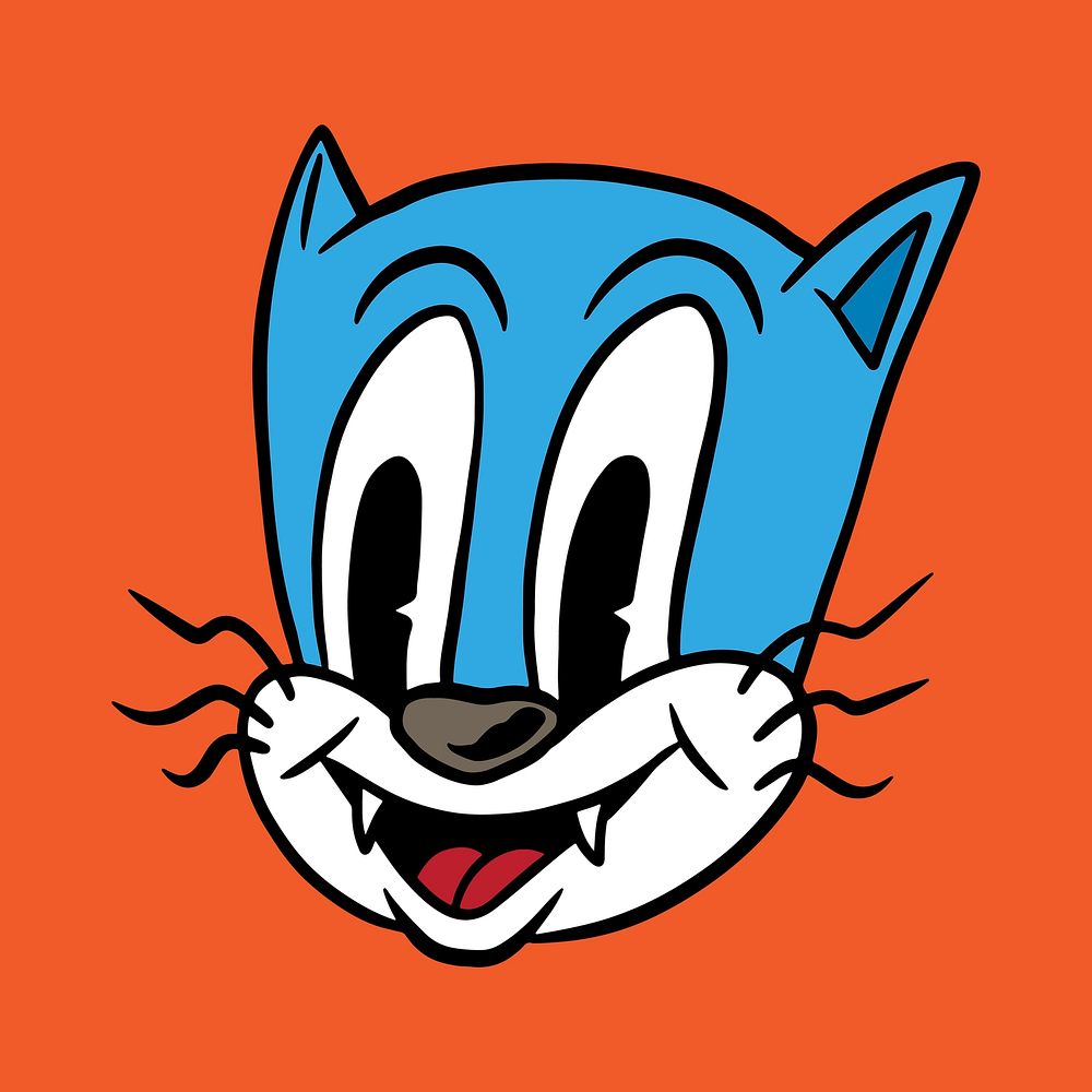 Cute blue cat cartoon sticker on orange background vector