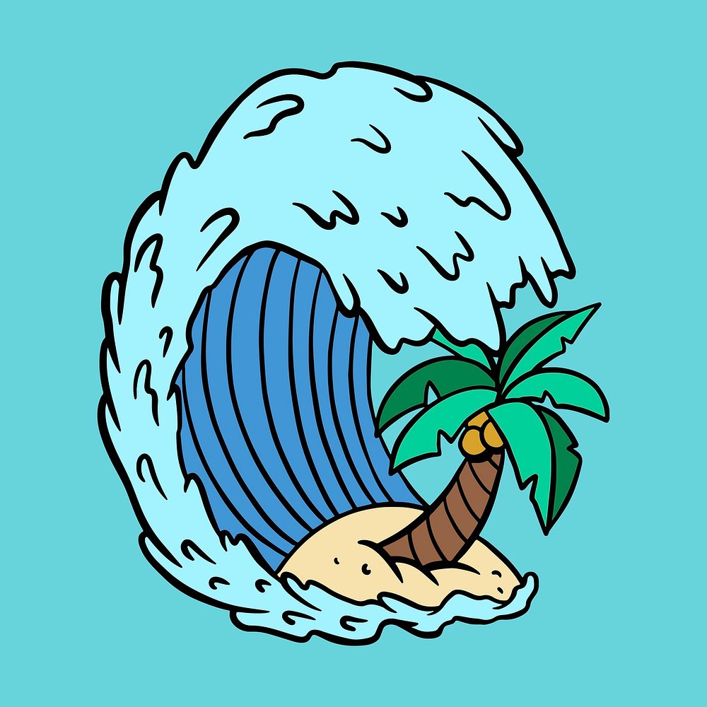 Ocean waves with coconut tree sticker vector