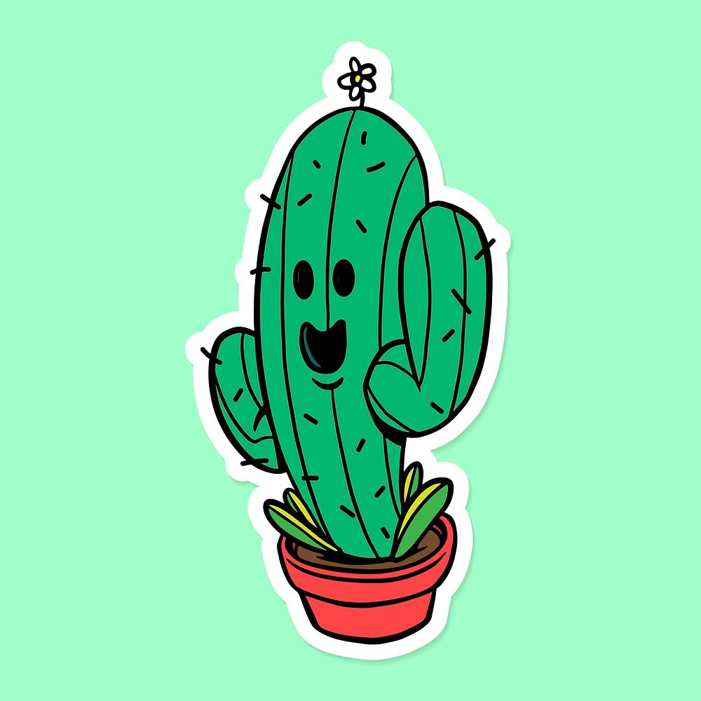 Green saguaro cactus sticker  with a white border