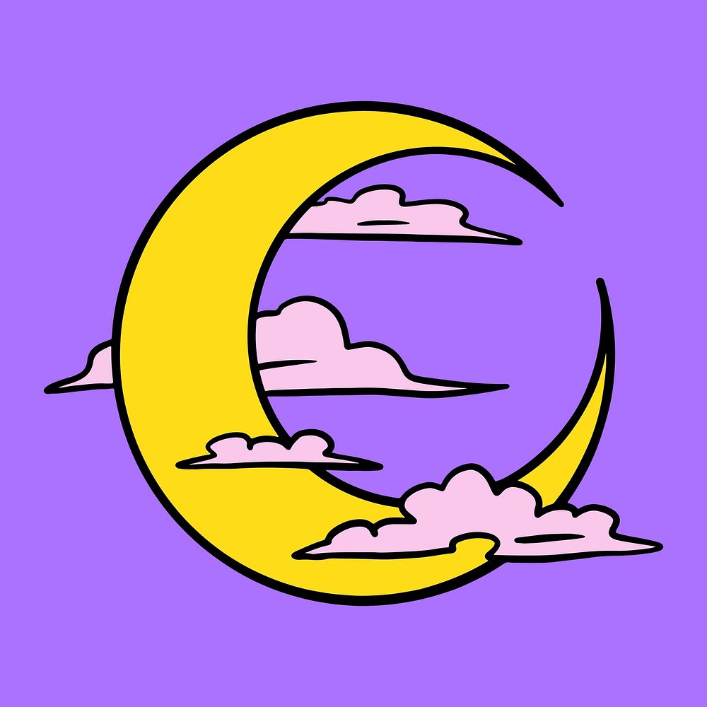 Crescent moon surrounded by clouds sticker overlay vector 