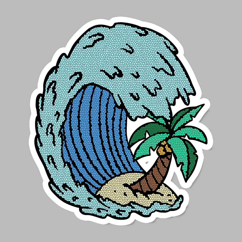 Ocean waves with coconut tree sticker with white border