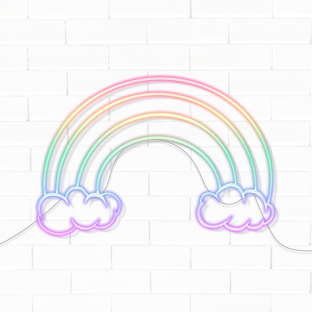 Neon rainbow sticker overlay design resource on a white brick wall background