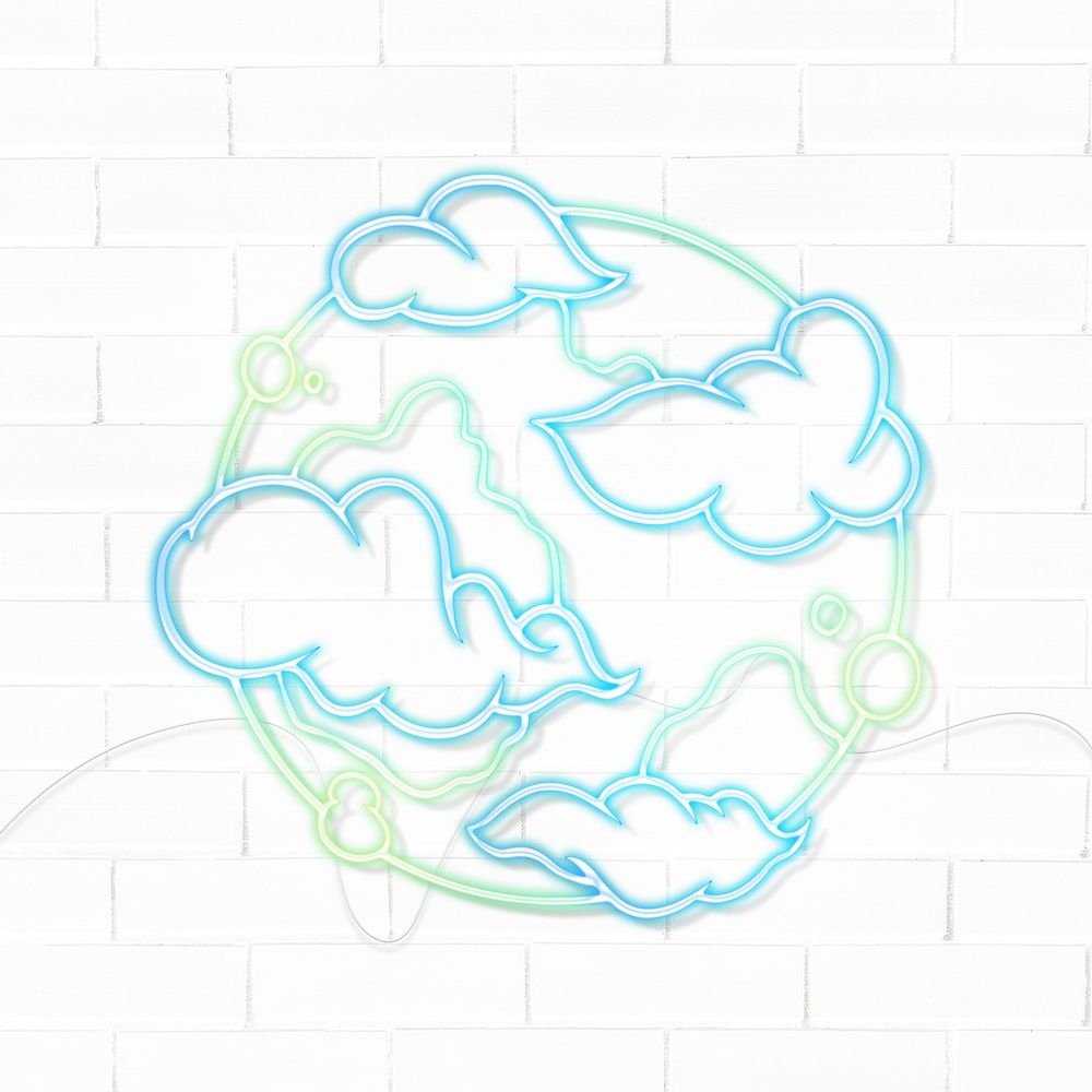 Neon clouds covering the earth sticker overlay design resource on a white brick wall background