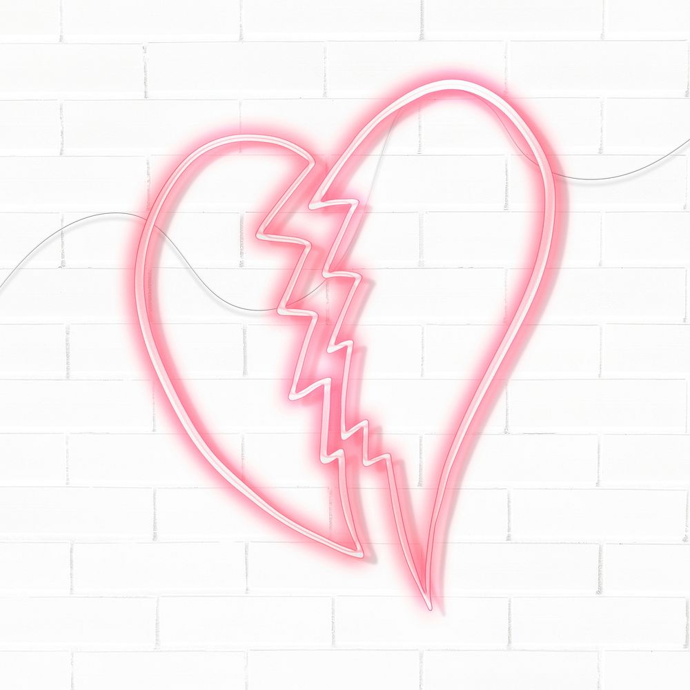 Neon red broken heart sticker overlay design resource on a white brick wall background