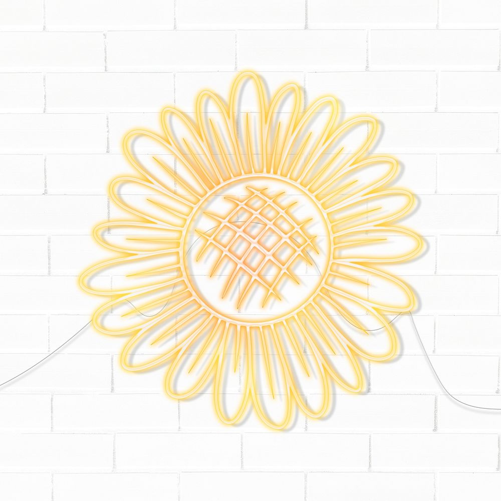 Neon yellow daisy flower design resource on a white brick wall background