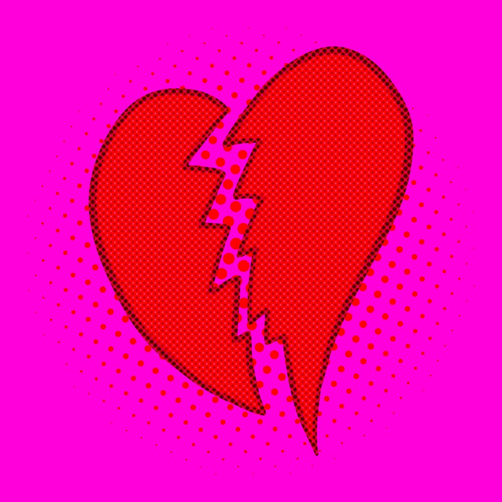 Pop art style red broken heart sticker overlay with halftone effects design resource