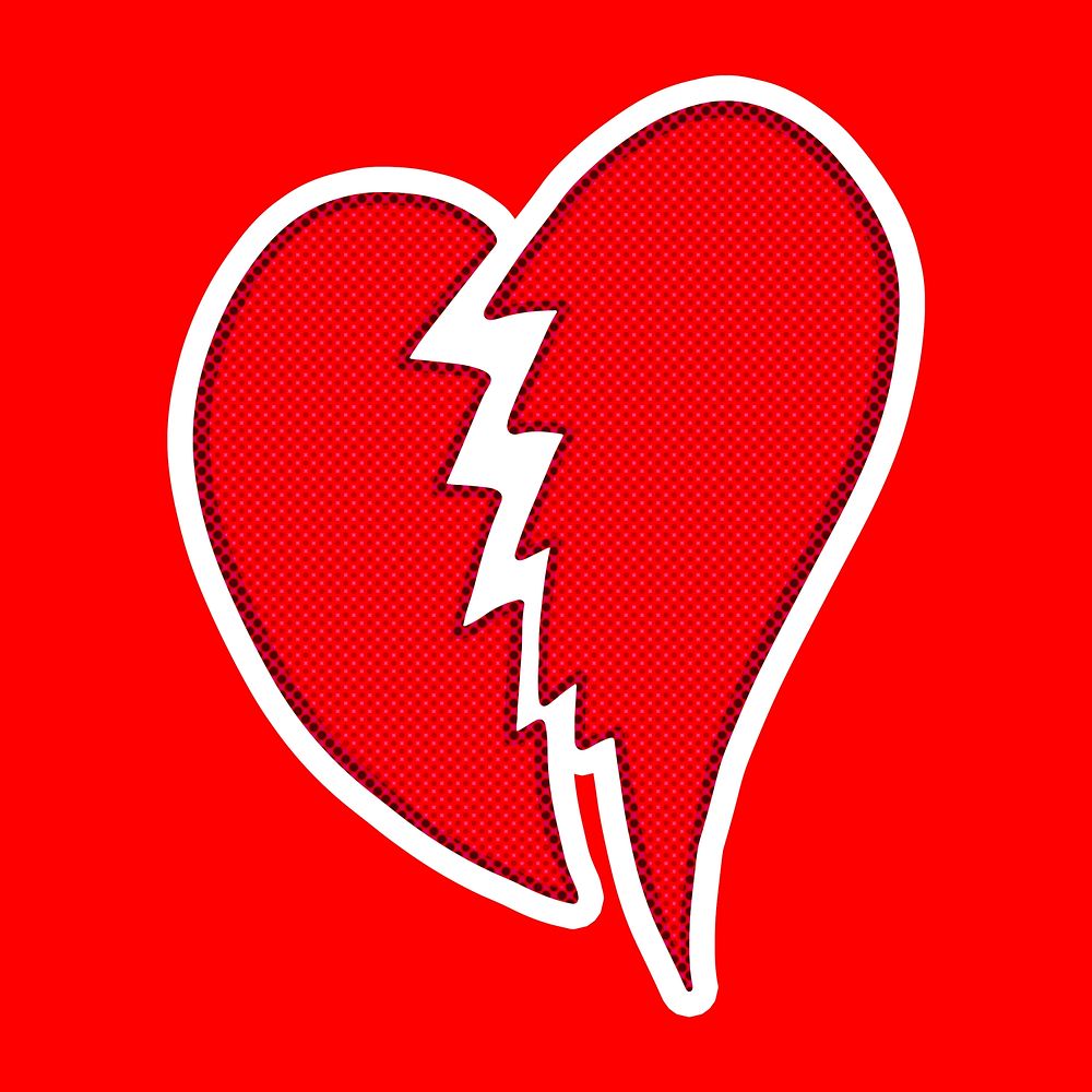 Pop art style red broken heart sticker overlay with halftone effects design resource