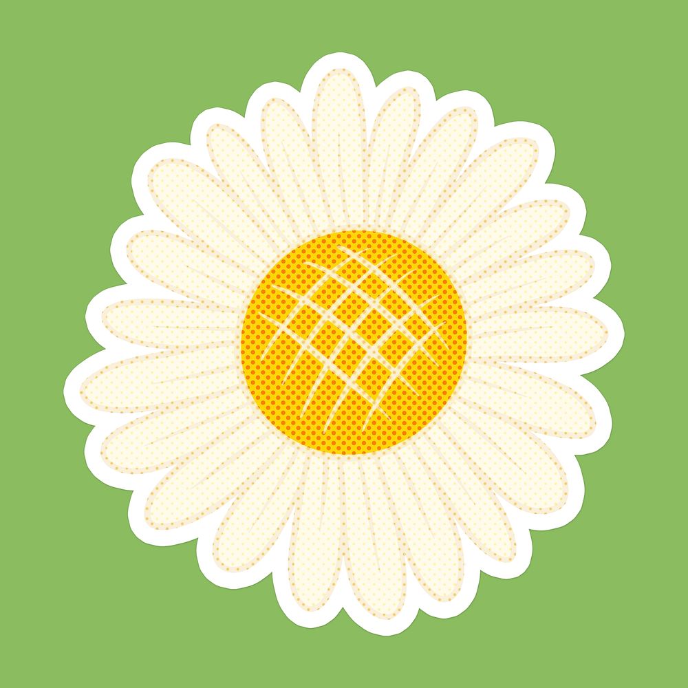 Pop art style white daisy flower sticker overlay with halftone effects design resource