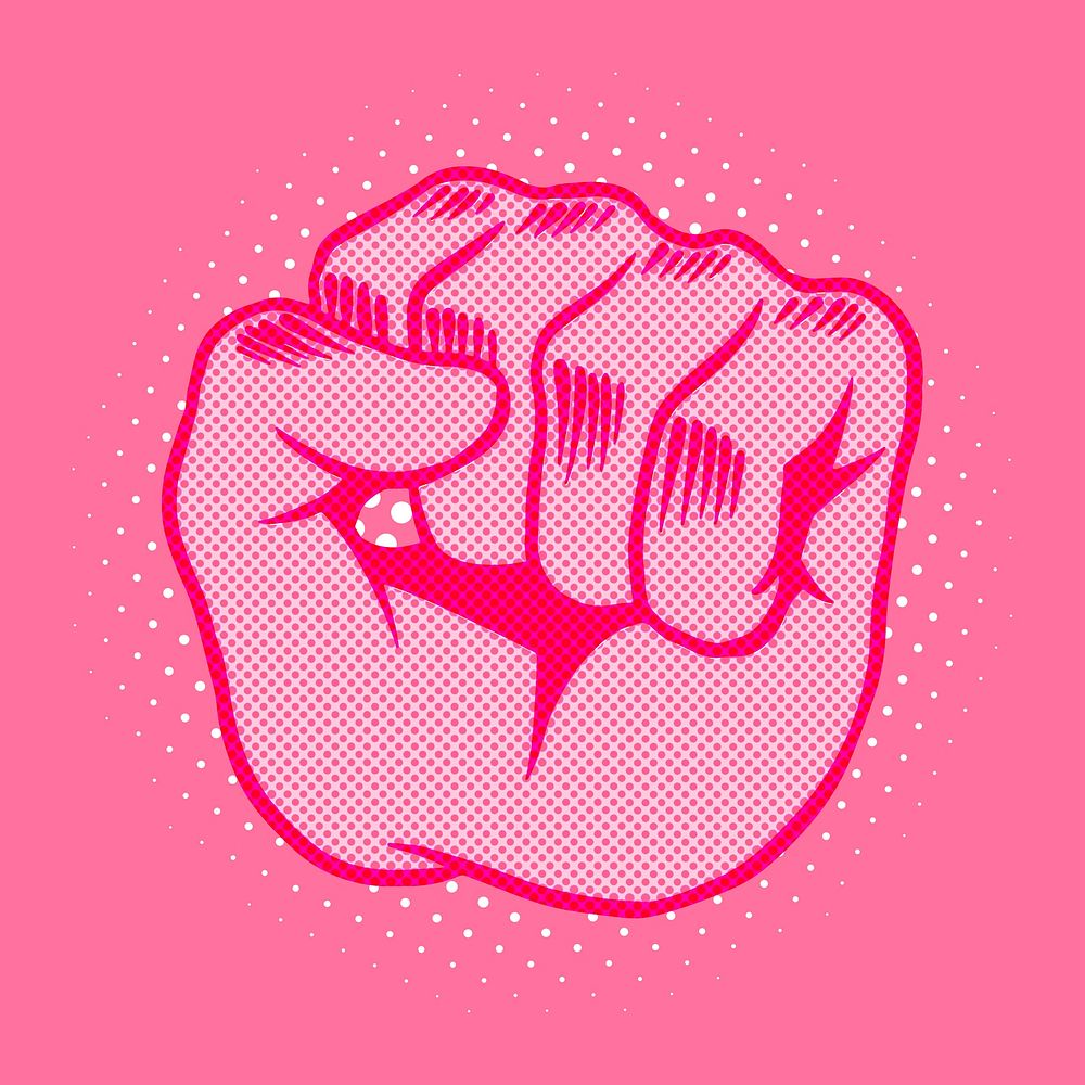 Pop art style pink raised fist sticker overlay with halftone effects design resource