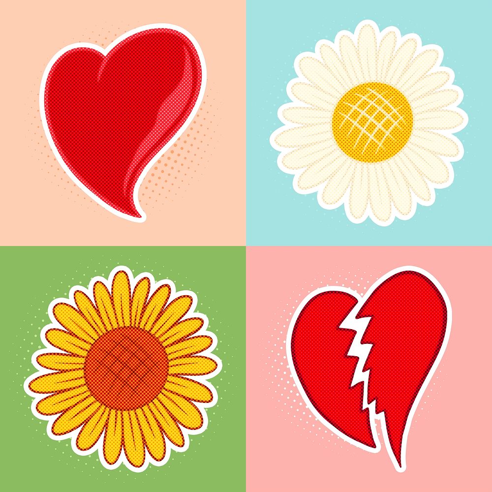 Pop art style cute valentines day sticker set with halftone effects design resource