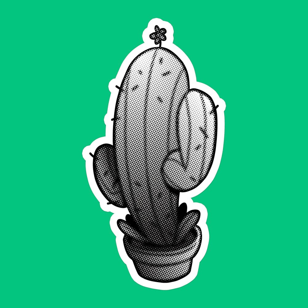 Cute gray halftone cactus sticker with a white border
