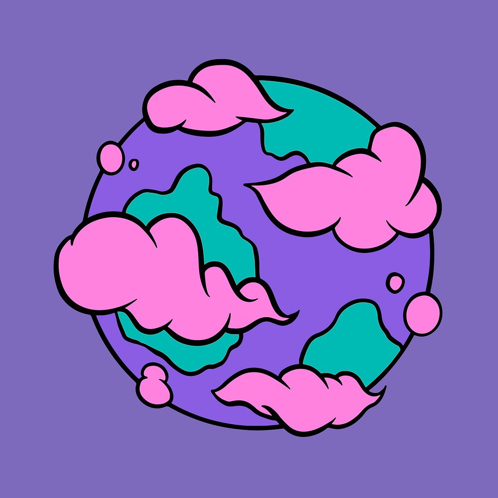 Purple earth with pink clouds sticker on a purple background vector