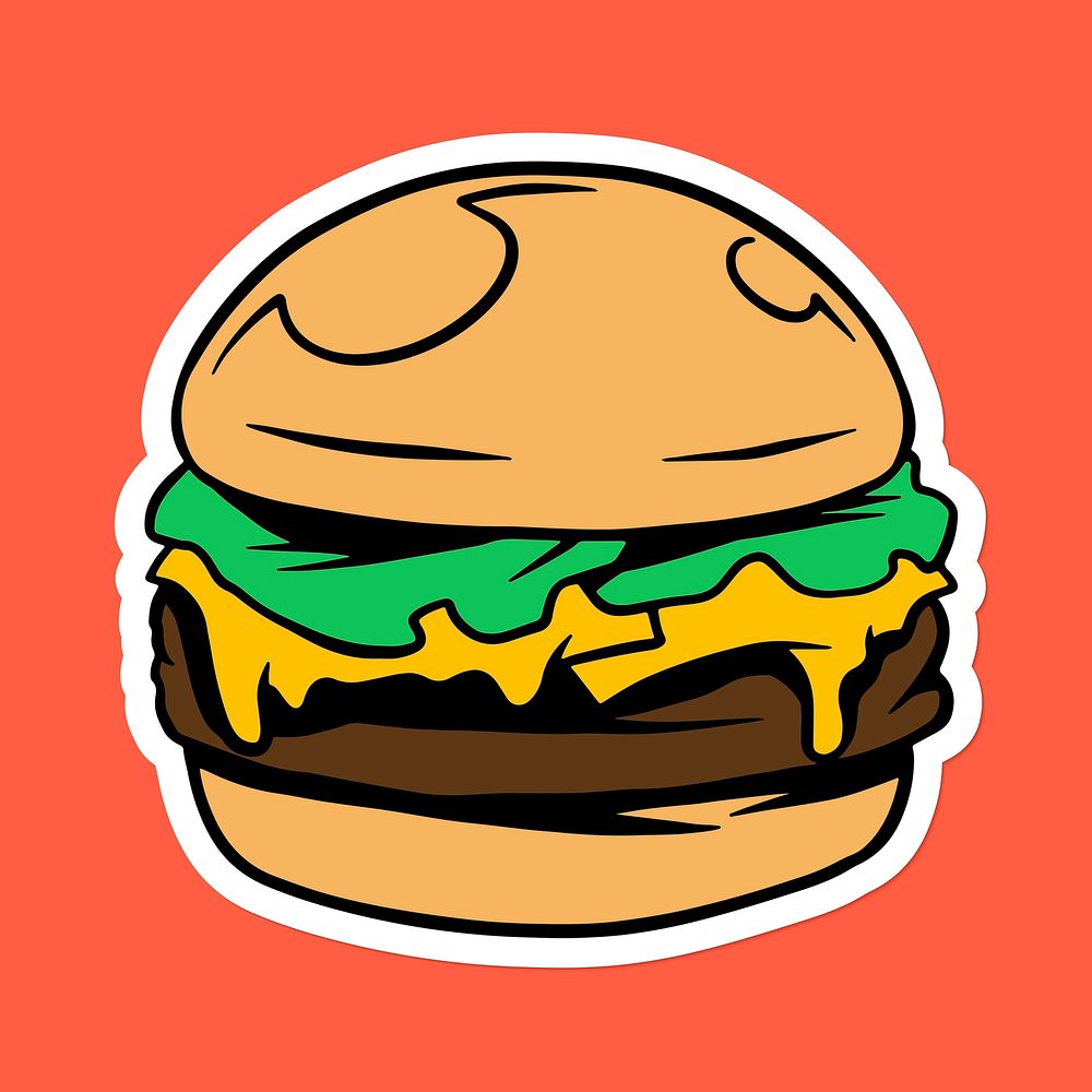 Cheeseburger sticker with a white border on an orange background vector