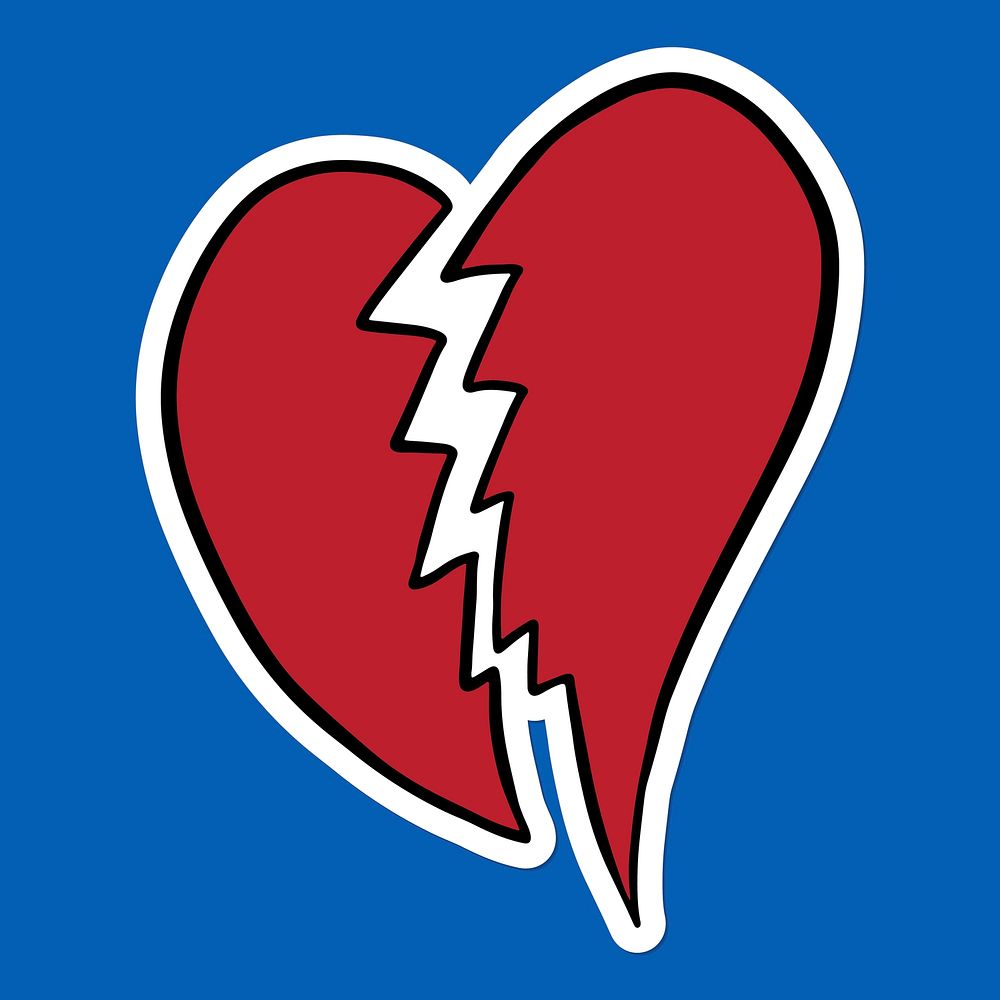 Red broken heart sticker with a white border on a blue background vector